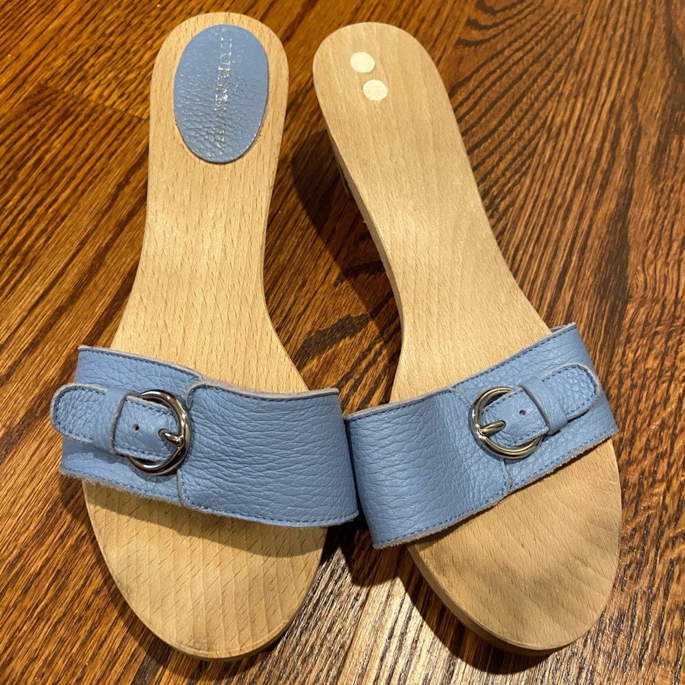 Burberry Light Blue Leather Buckle Wood-Soled Mules